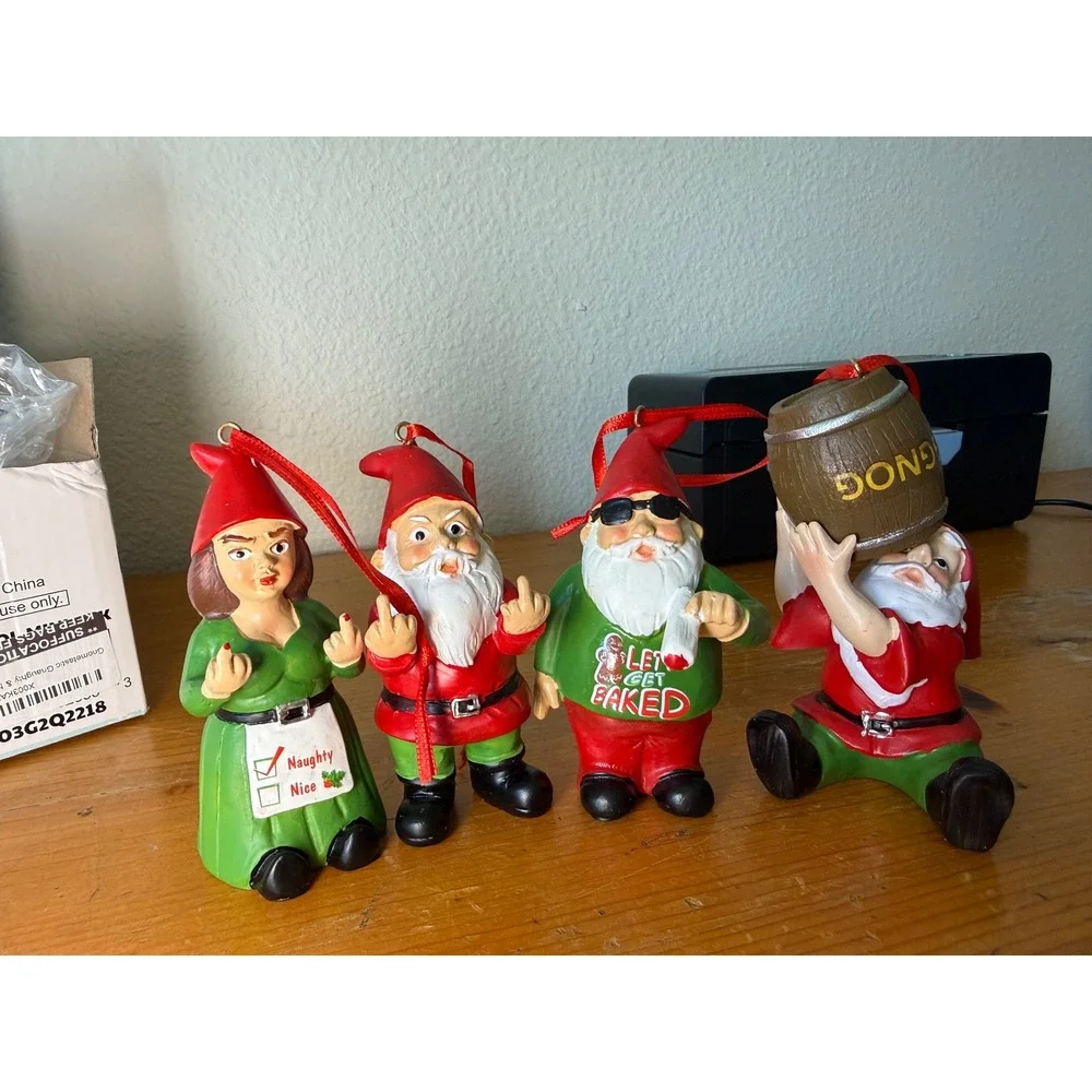 Gnometastic Gnaughty & Nice Gnomes 4 Pc Funny Christmas Ornaments NEW NIB